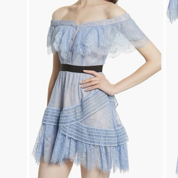 SELF PORTRAIT Off the Shoulder Fine Lace Mini Dress In Light Blue Size 6 - Picture 1 of 15